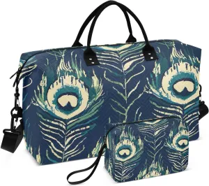 Travel Duffel Bag Large Weekender Overnight Bags for Women Men, Peacock Feather Gym Bag with Toiletry Bag