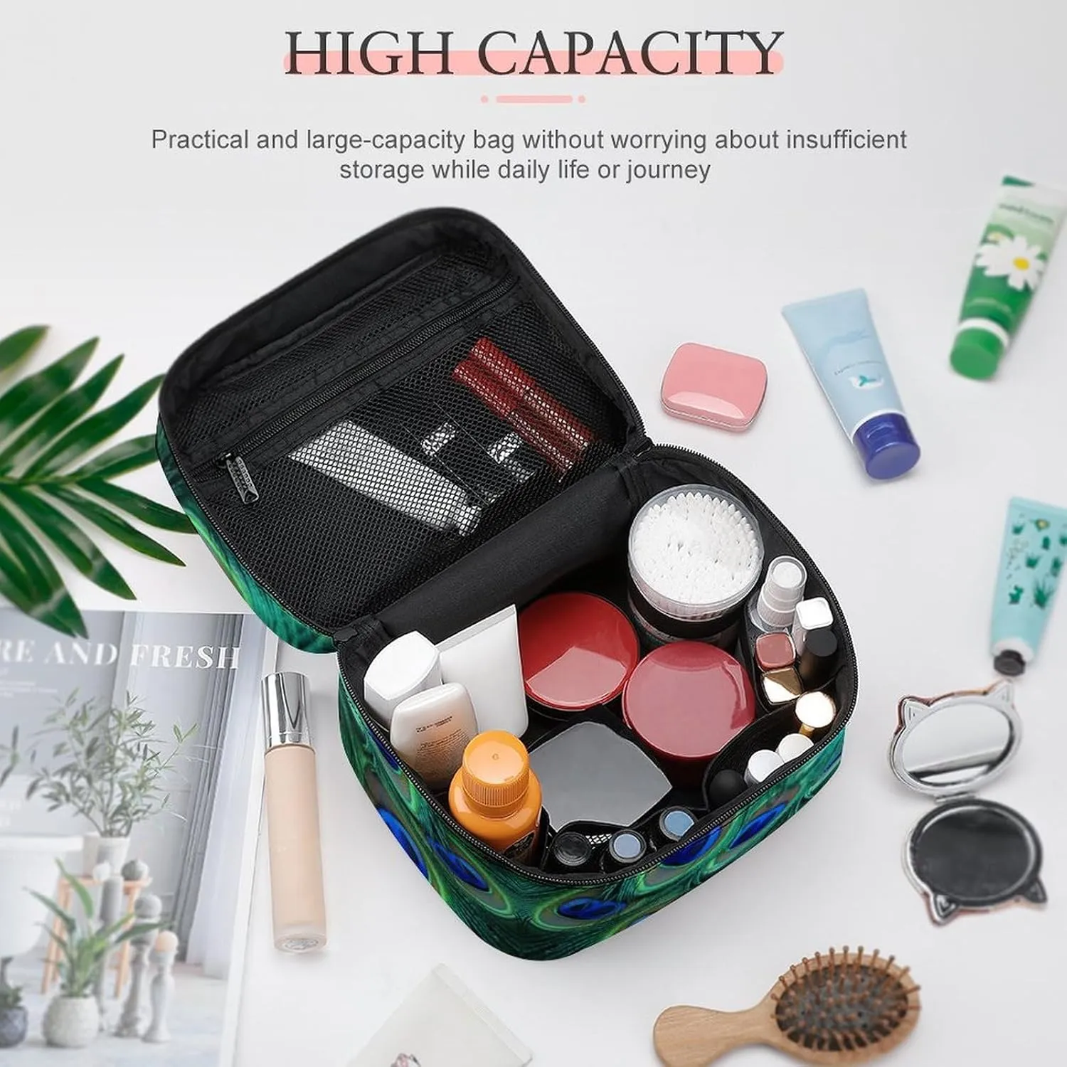 Travel Toiletry Bag for Women And Men,Green Peacock Feather Toiletry Organizer, Makeup Bag Travel Organizer for Shampoo,Toiletries