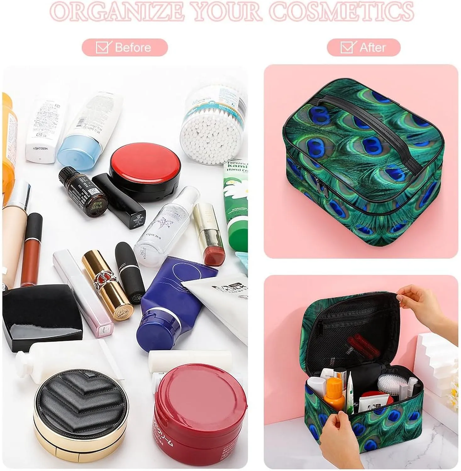 Travel Toiletry Bag for Women And Men,Green Peacock Feather Toiletry Organizer, Makeup Bag Travel Organizer for Shampoo,Toiletries