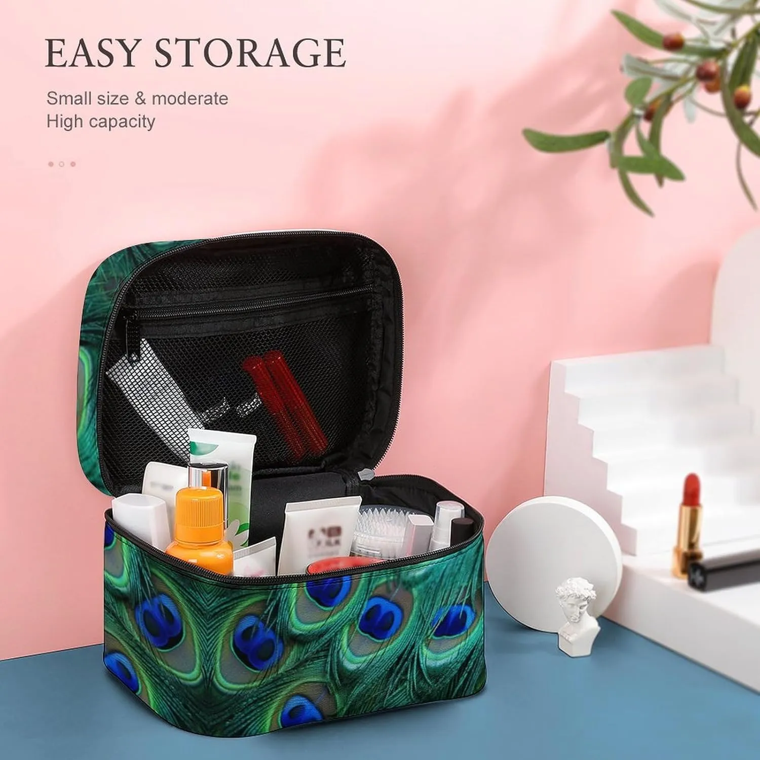 Travel Toiletry Bag for Women And Men,Green Peacock Feather Toiletry Organizer, Makeup Bag Travel Organizer for Shampoo,Toiletries
