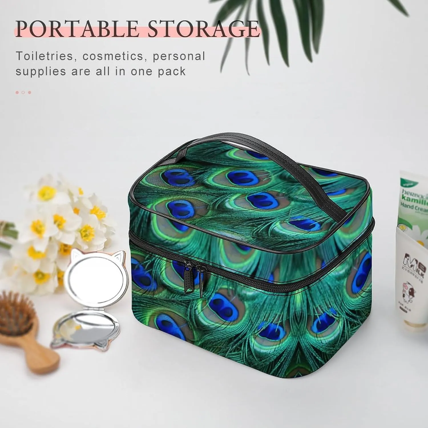 Travel Toiletry Bag for Women And Men,Green Peacock Feather Toiletry Organizer, Makeup Bag Travel Organizer for Shampoo,Toiletries