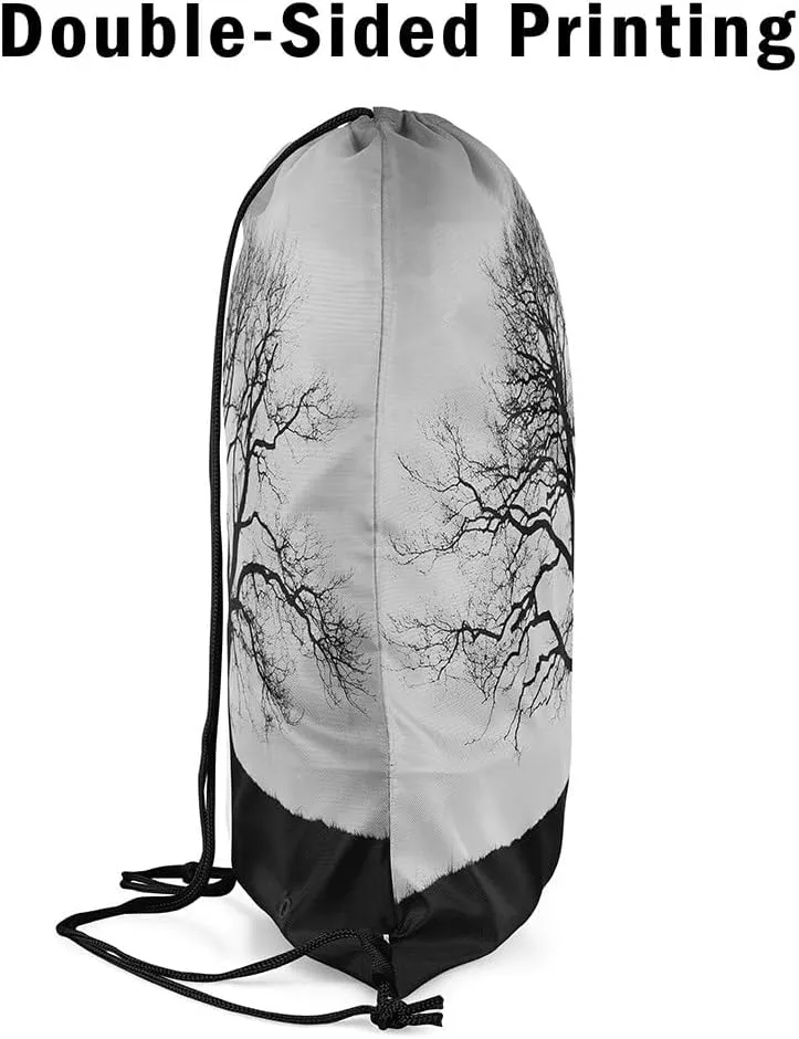 Tree of Life Drawstring Backpack,Boho Trippy Tree Drawstring Bags,Botanical Draw String Back Bag,Black and Grey String Backpack,Trippy Exotic Cinch Bag for Sport Swim,13x15.7,Black Grey