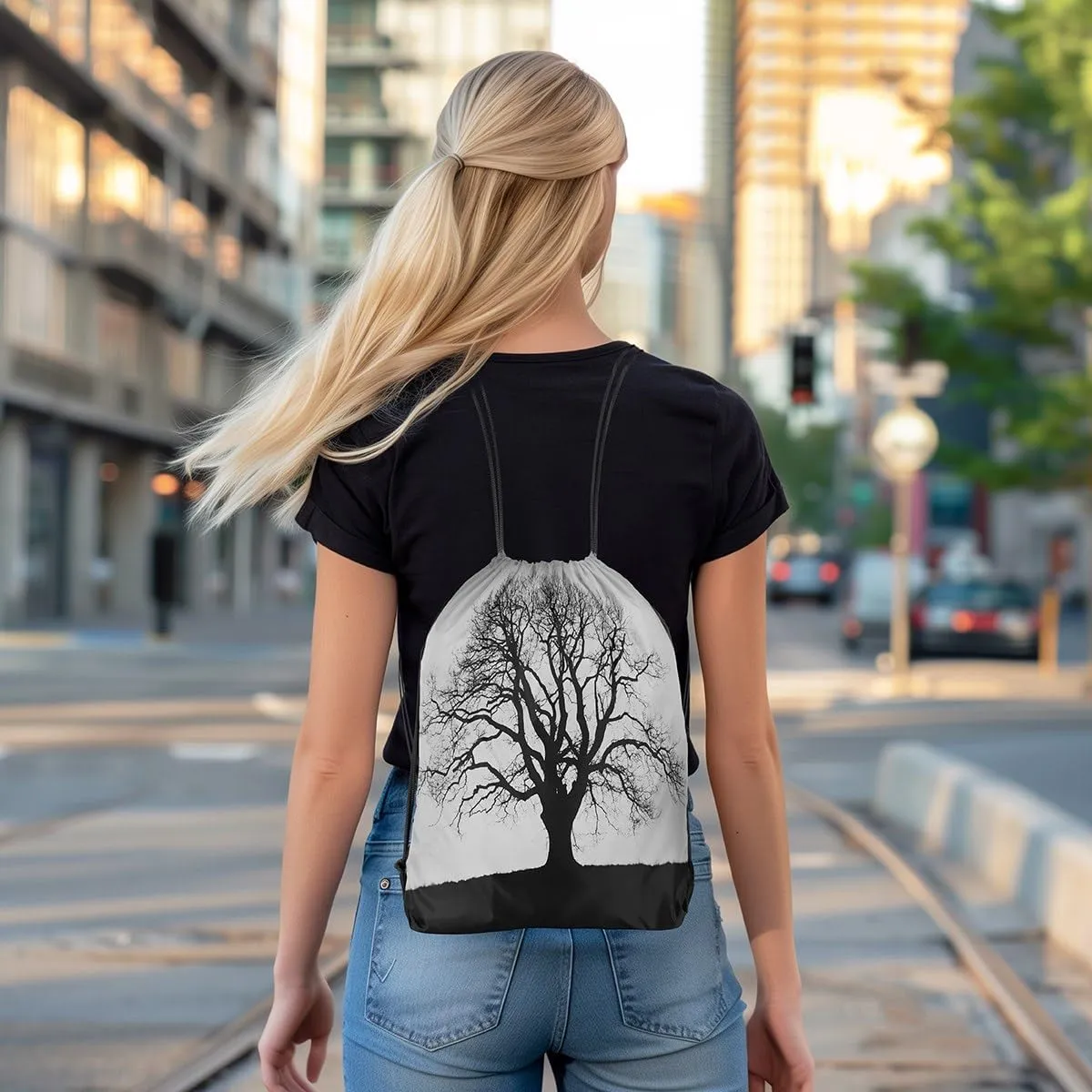 Tree of Life Drawstring Backpack,Boho Trippy Tree Drawstring Bags,Botanical Draw String Back Bag,Black and Grey String Backpack,Trippy Exotic Cinch Bag for Sport Swim,13x15.7,Black Grey