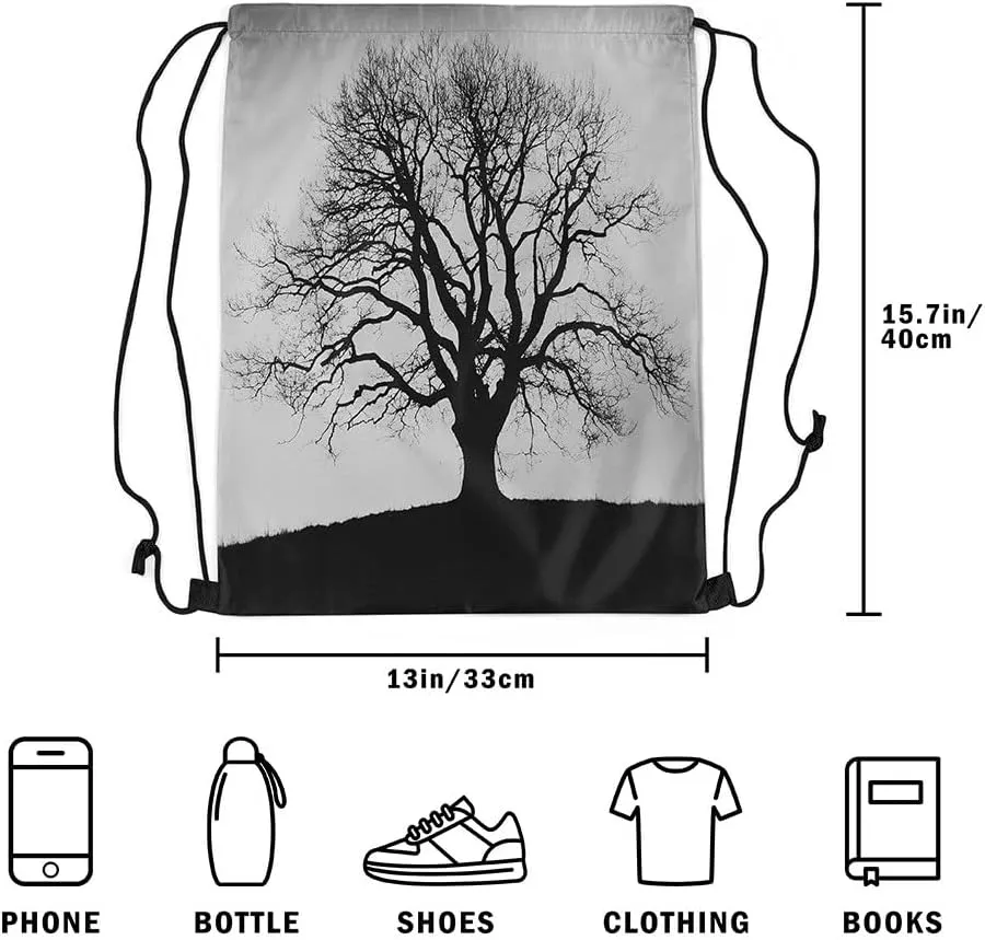 Tree of Life Drawstring Backpack,Boho Trippy Tree Drawstring Bags,Botanical Draw String Back Bag,Black and Grey String Backpack,Trippy Exotic Cinch Bag for Sport Swim,13x15.7,Black Grey