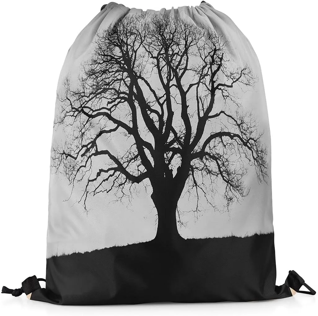Tree of Life Drawstring Backpack,Boho Trippy Tree Drawstring Bags,Botanical Draw String Back Bag,Black and Grey String Backpack,Trippy Exotic Cinch Bag for Sport Swim,13x15.7,Black Grey