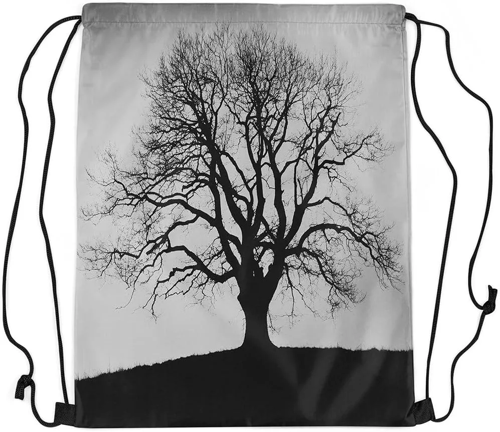 Tree of Life Drawstring Backpack,Boho Trippy Tree Drawstring Bags,Botanical Draw String Back Bag,Black and Grey String Backpack,Trippy Exotic Cinch Bag for Sport Swim,13x15.7,Black Grey