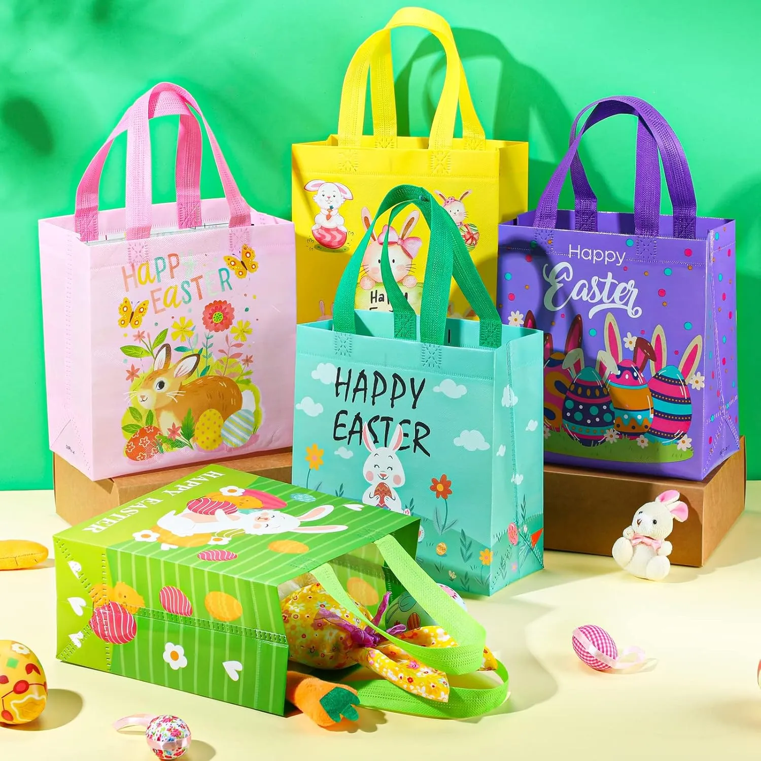 Tudomro 40 Pieces Easter Tote Bags with Handles Bunny Non Woven Bags Reusable Easter Grocery Shopping Bag Kitchen