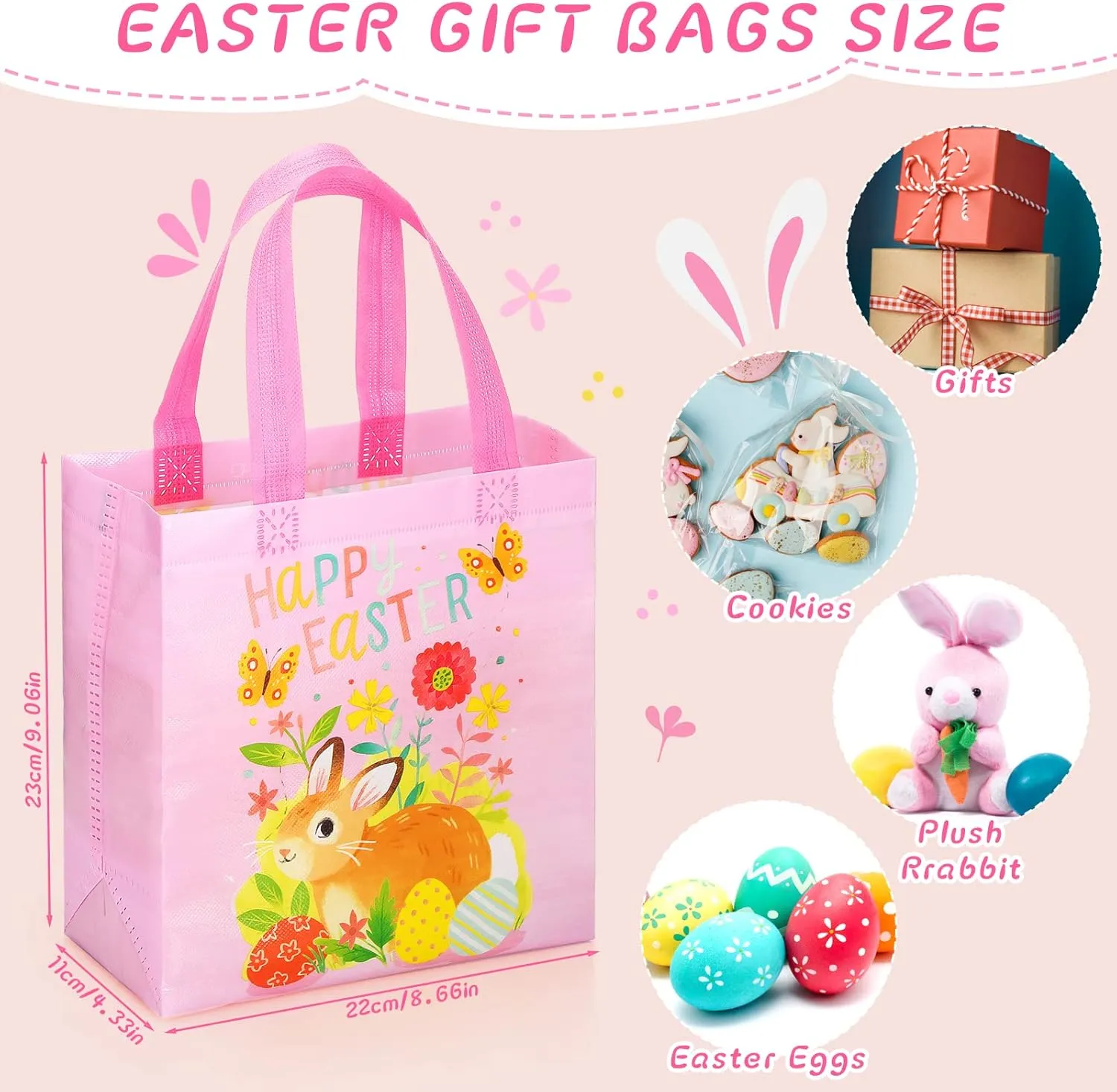 Tudomro 40 Pieces Easter Tote Bags with Handles Bunny Non Woven Bags Reusable Easter Grocery Shopping Bag Kitchen