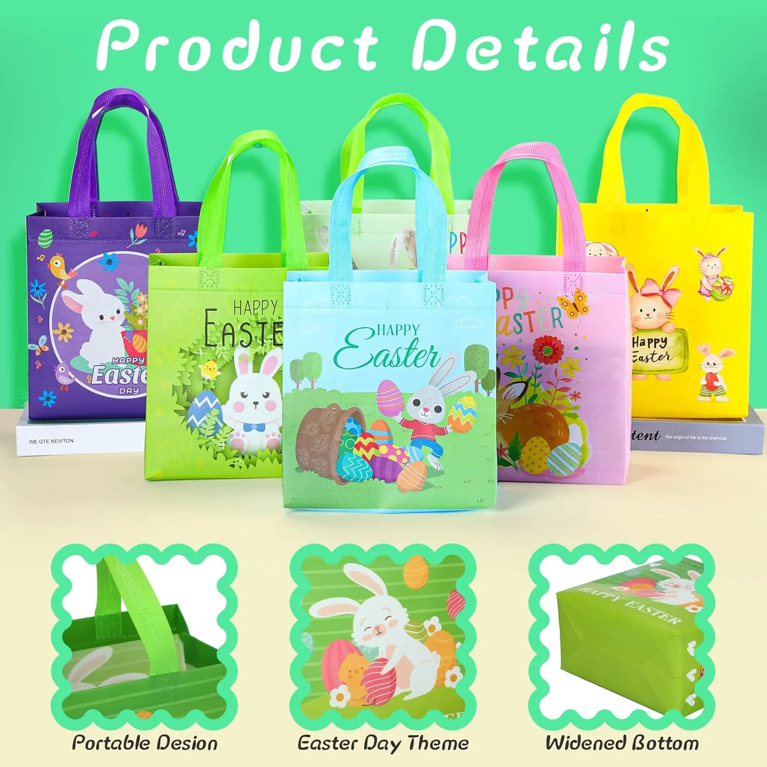 Tudomro 40 Pieces Easter Tote Bags with Handles Bunny Non Woven Bags Reusable Easter Grocery Shopping Bag Kitchen