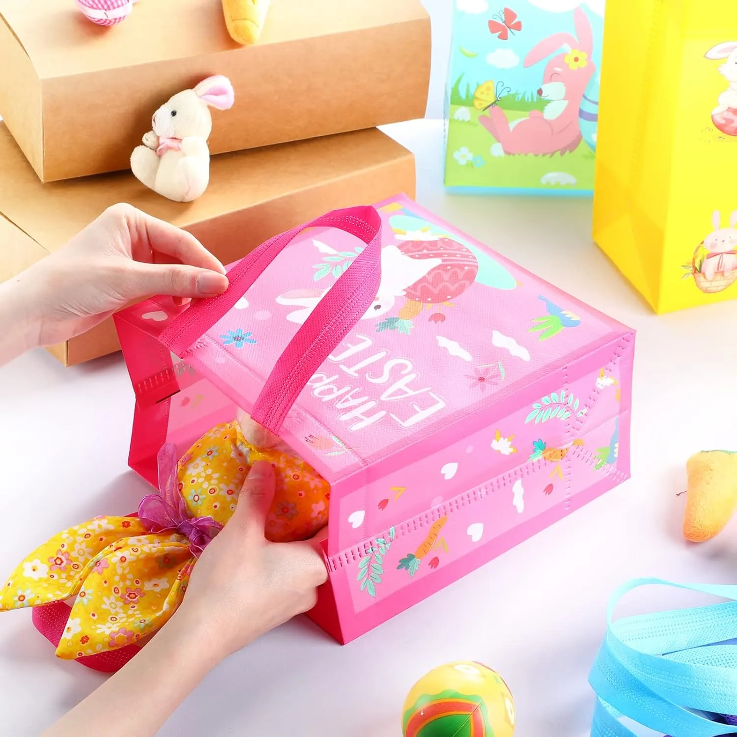 Tudomro 40 Pieces Easter Tote Bags with Handles Bunny Non Woven Bags Reusable Easter Grocery Shopping Bag Kitchen