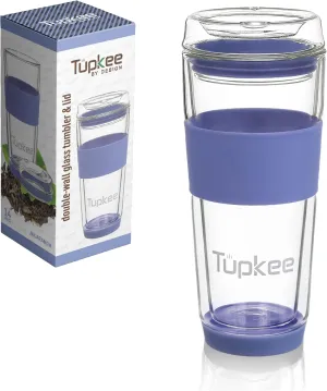 Tupkee Double Wall Glass Tumbler - 14-Ounce, All Glass Hand Blown Reusable Insulated Tea/Coffee Mug & Lid, Travel Mug - Jacaranda