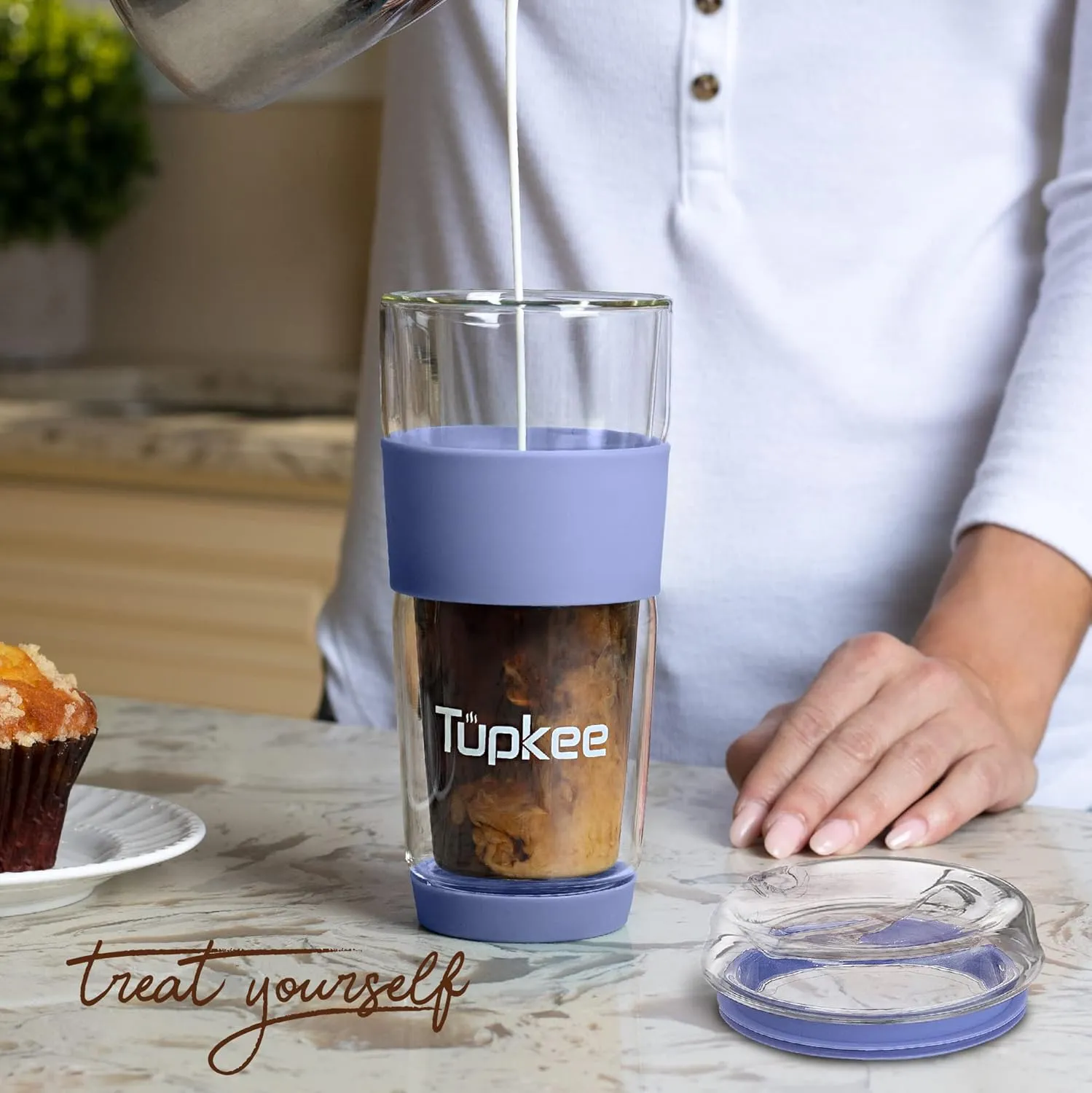 Tupkee Double Wall Glass Tumbler - 14-Ounce, All Glass Hand Blown Reusable Insulated Tea/Coffee Mug & Lid, Travel Mug - Jacaranda