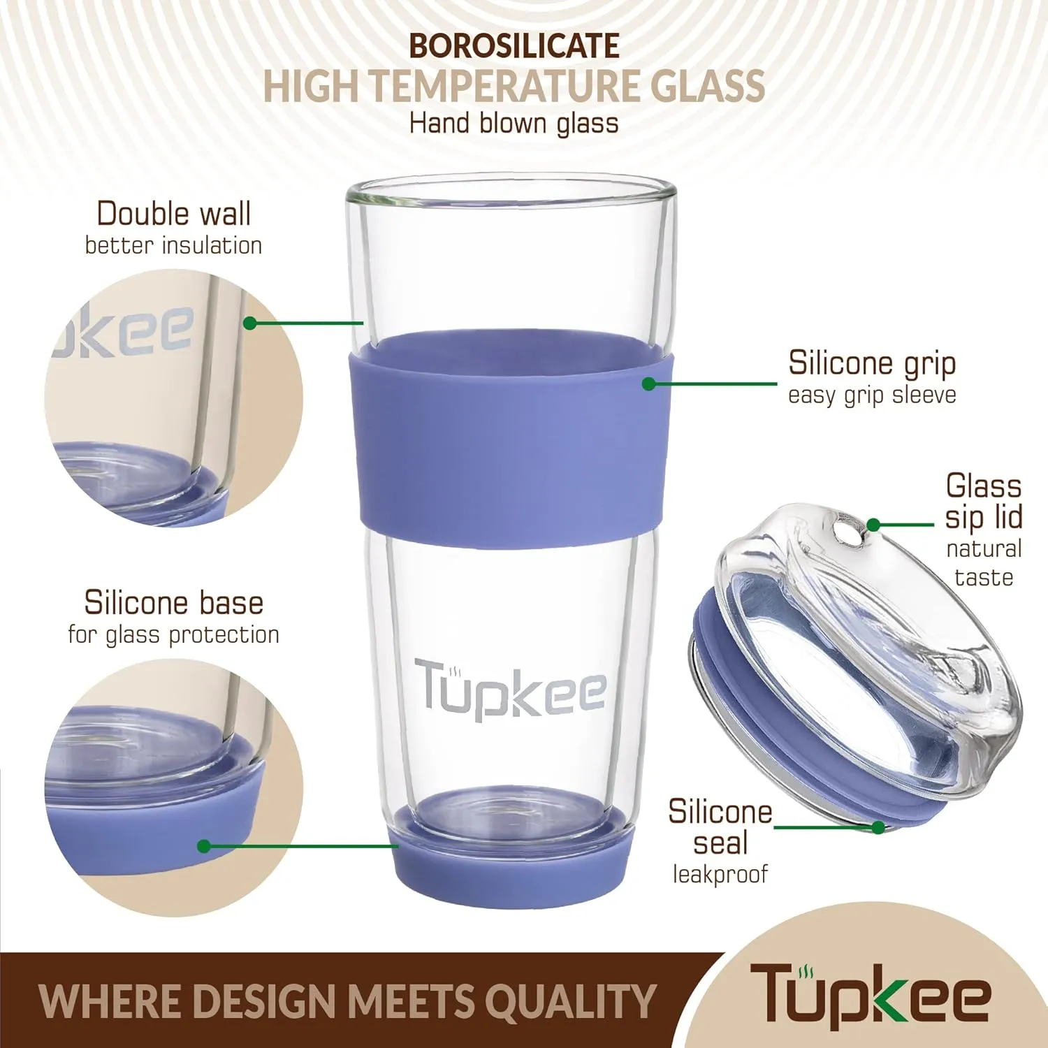 Tupkee Double Wall Glass Tumbler - 14-Ounce, All Glass Hand Blown Reusable Insulated Tea/Coffee Mug & Lid, Travel Mug - Jacaranda