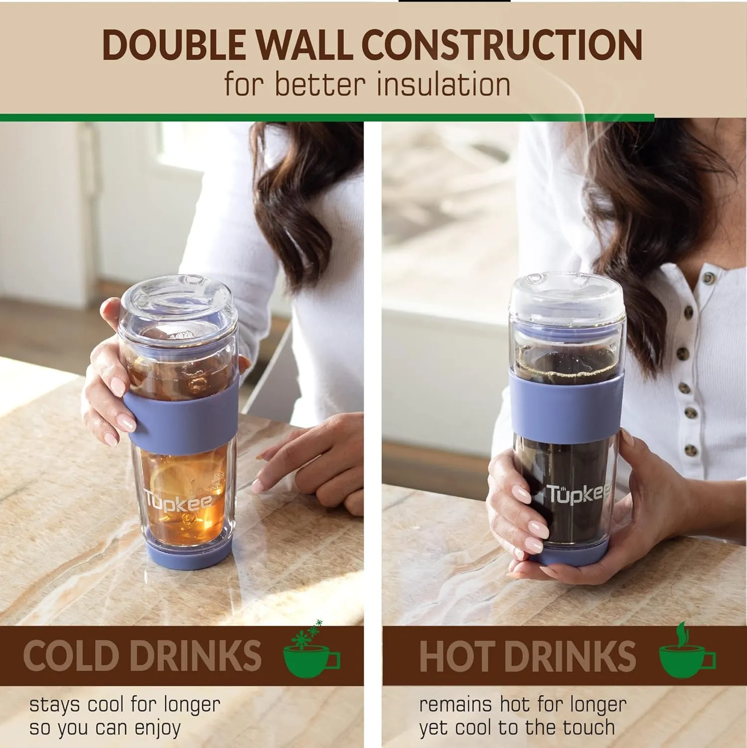 Tupkee Double Wall Glass Tumbler - 14-Ounce, All Glass Hand Blown Reusable Insulated Tea/Coffee Mug & Lid, Travel Mug - Jacaranda