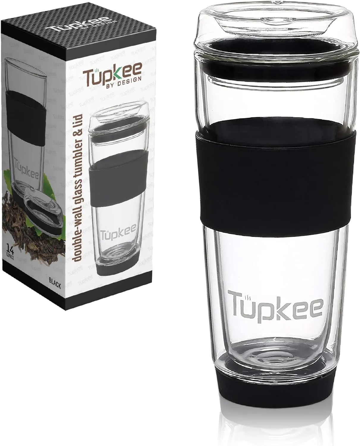 Tupkee Double Wall Glass Tumbler - 14-Ounce, All Glass Reusable Insulated Tea/Coffee Mug & Lid, Hand Blown Glass Travel Mug - Black