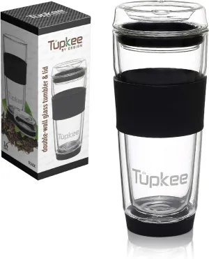 Tupkee Double Wall Glass Tumbler - 14-Ounce, All Glass Reusable Insulated Tea/Coffee Mug & Lid, Hand Blown Glass Travel Mug - Black