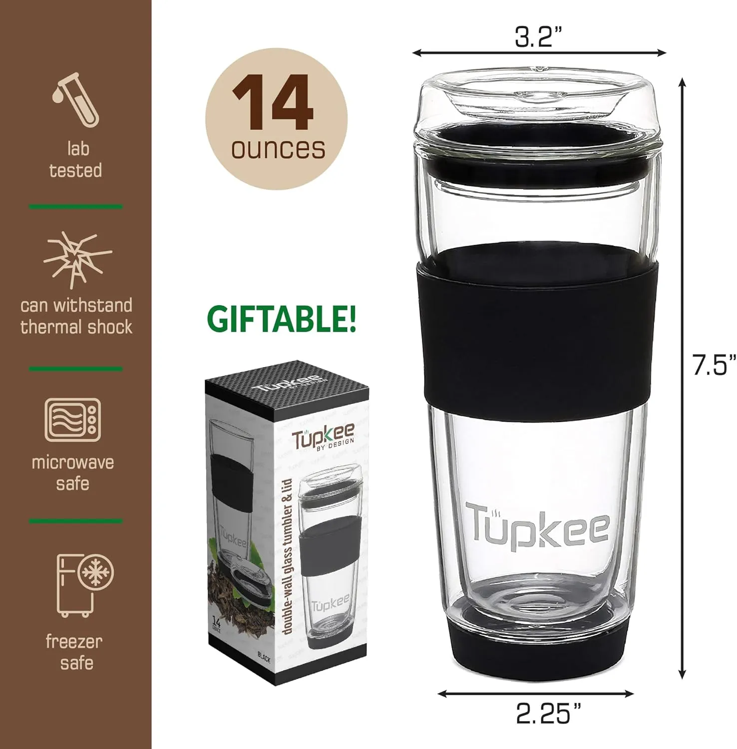 Tupkee Double Wall Glass Tumbler - 14-Ounce, All Glass Reusable Insulated Tea/Coffee Mug & Lid, Hand Blown Glass Travel Mug - Black