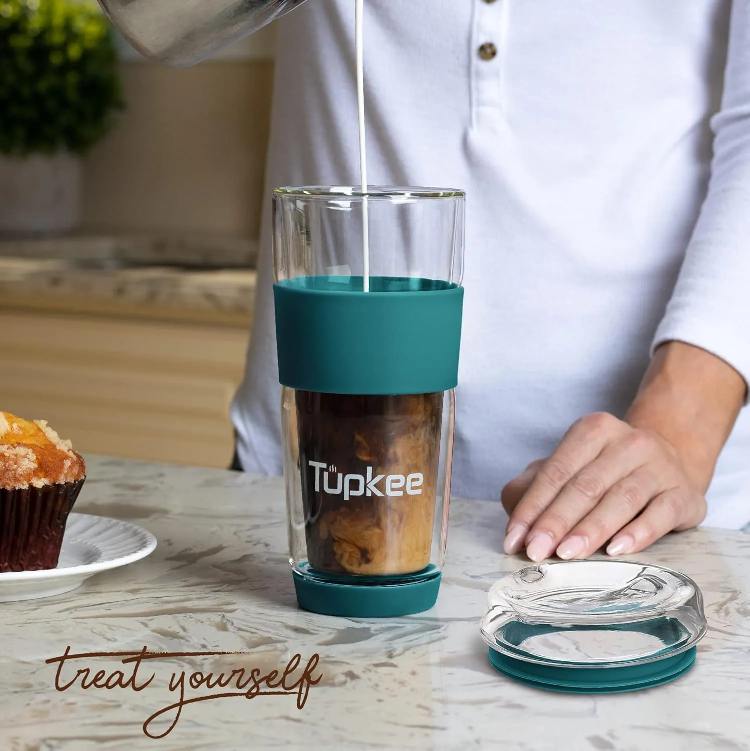 Tupkee Double Wall Glass Tumbler - 14-Ounce, All Glass Reusable Insulated Tea/Coffee Mug & Lid, Hand Blown Glass Travel Mug - Cyan