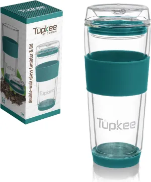 Tupkee Double Wall Glass Tumbler - 14-Ounce, All Glass Reusable Insulated Tea/Coffee Mug & Lid, Hand Blown Glass Travel Mug - Cyan