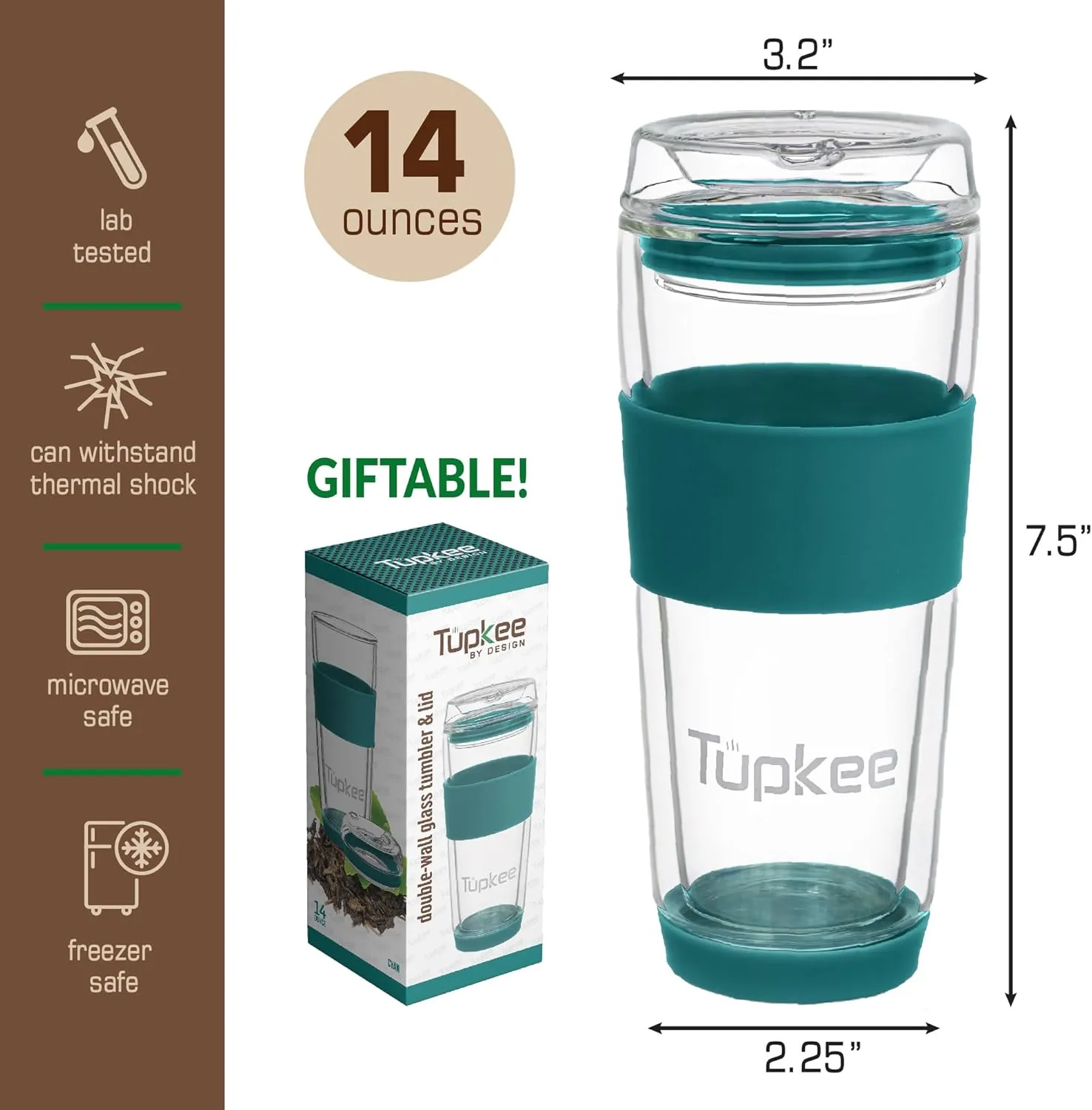 Tupkee Double Wall Glass Tumbler - 14-Ounce, All Glass Reusable Insulated Tea/Coffee Mug & Lid, Hand Blown Glass Travel Mug - Cyan