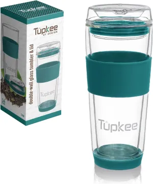 Tupkee Double Wall Glass Tumbler - 14-Ounce, All Glass Reusable Insulated Tea/Coffee Mug & Lid, Hand Blown Glass Travel Mug - Cyan