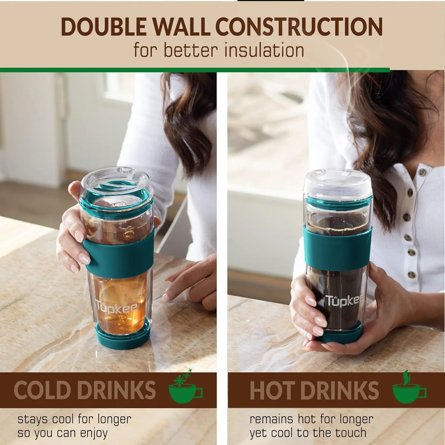Tupkee Double Wall Glass Tumbler - 14-Ounce, All Glass Reusable Insulated Tea/Coffee Mug & Lid, Hand Blown Glass Travel Mug - Cyan