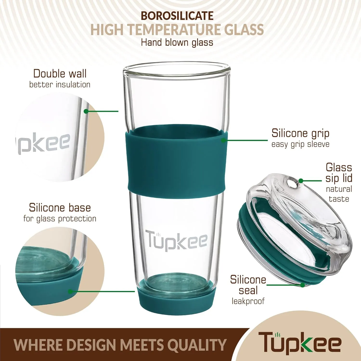 Tupkee Double Wall Glass Tumbler - 14-Ounce, All Glass Reusable Insulated Tea/Coffee Mug & Lid, Hand Blown Glass Travel Mug - Cyan