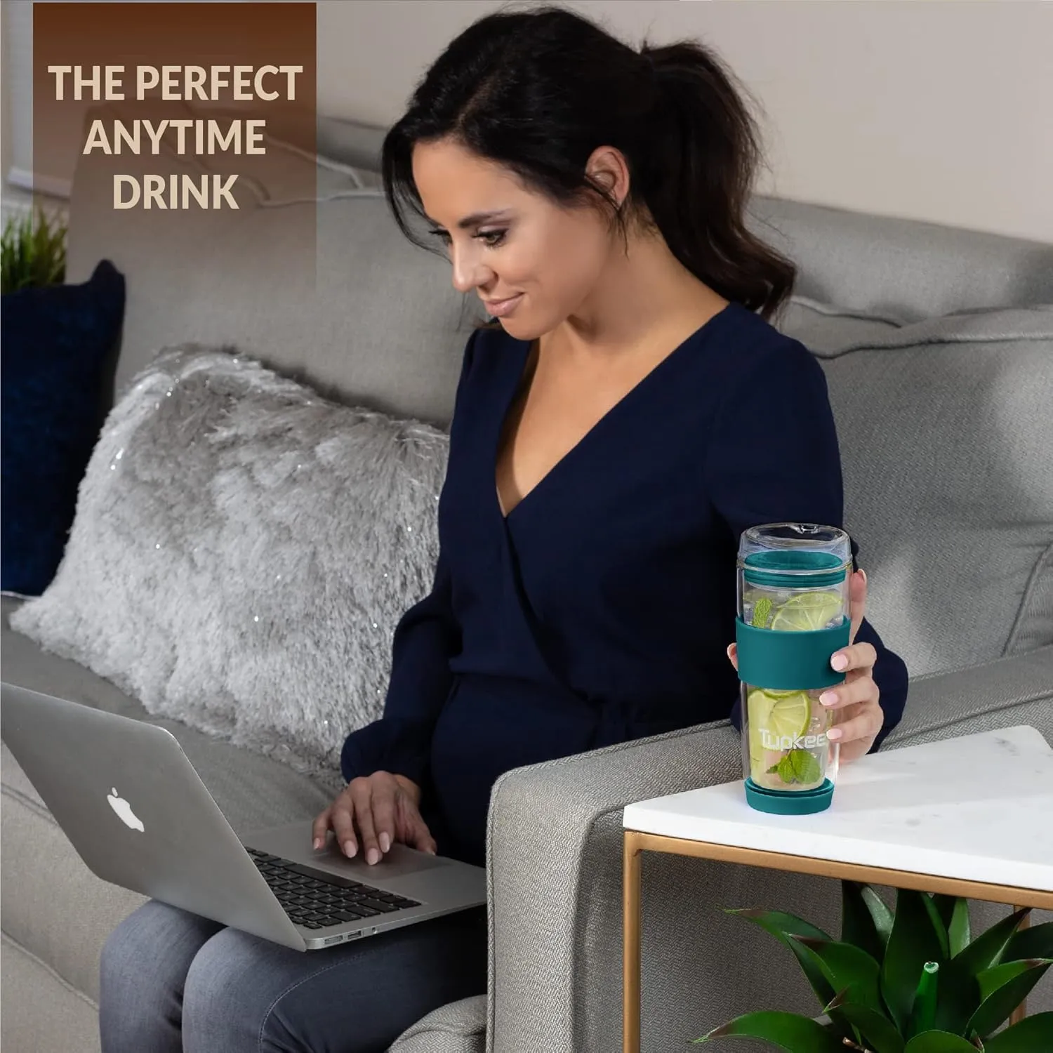 Tupkee Double Wall Glass Tumbler - 14-Ounce, All Glass Reusable Insulated Tea/Coffee Mug & Lid, Hand Blown Glass Travel Mug - Cyan