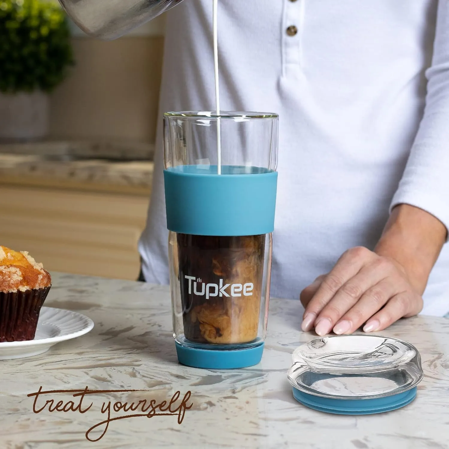 Tupkee Double Wall Glass Tumbler - 14-Ounce, All Glass Reusable Insulated Tea/Coffee Mug & Lid, Hand Blown Glass Travel Mug - Niagara