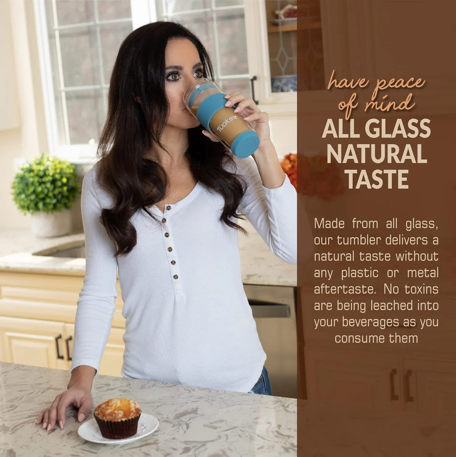 Tupkee Double Wall Glass Tumbler - 14-Ounce, All Glass Reusable Insulated Tea/Coffee Mug & Lid, Hand Blown Glass Travel Mug - Niagara