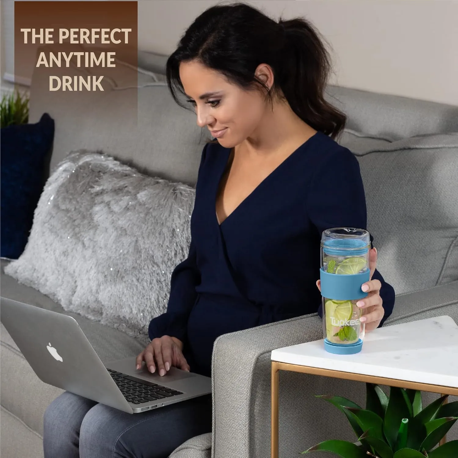 Tupkee Double Wall Glass Tumbler - 14-Ounce, All Glass Reusable Insulated Tea/Coffee Mug & Lid, Hand Blown Glass Travel Mug - Niagara