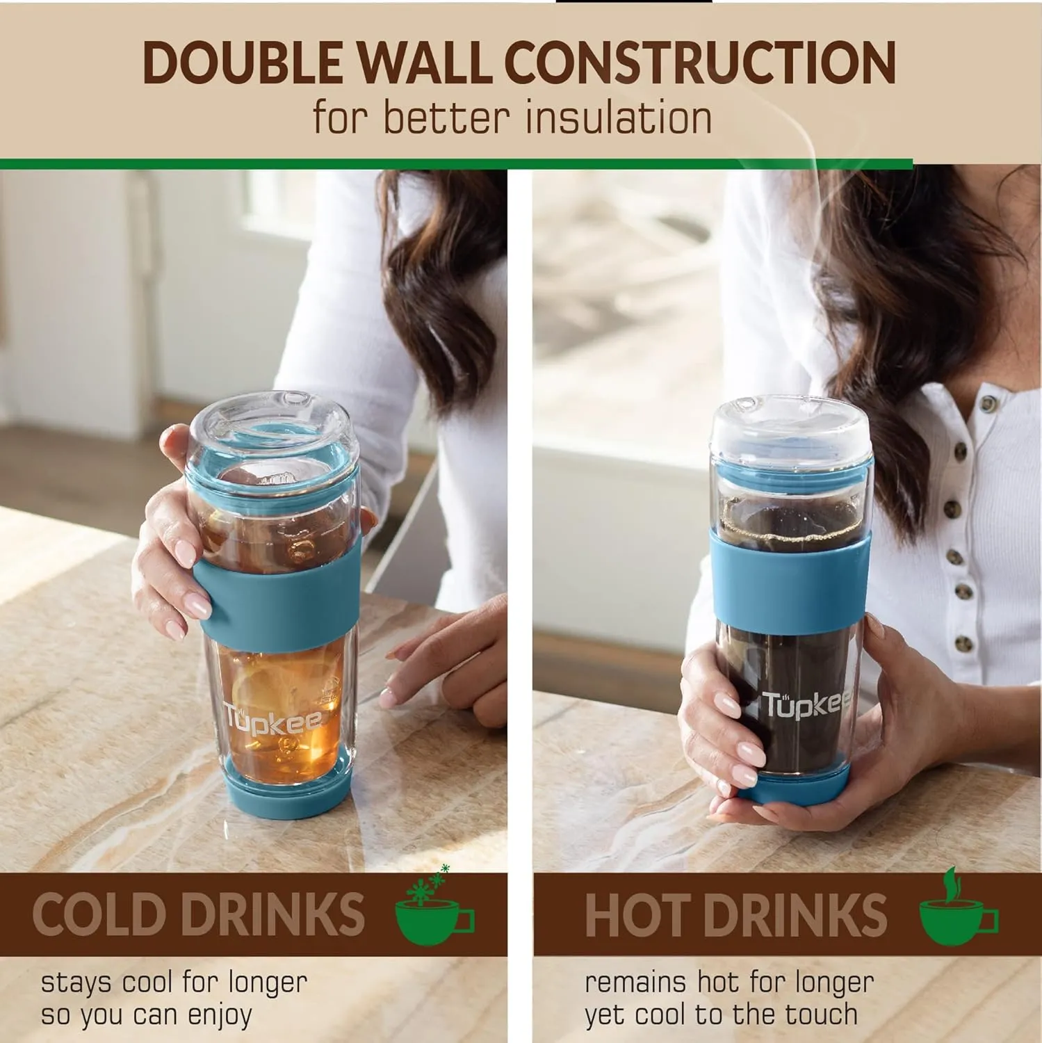Tupkee Double Wall Glass Tumbler - 14-Ounce, All Glass Reusable Insulated Tea/Coffee Mug & Lid, Hand Blown Glass Travel Mug - Niagara