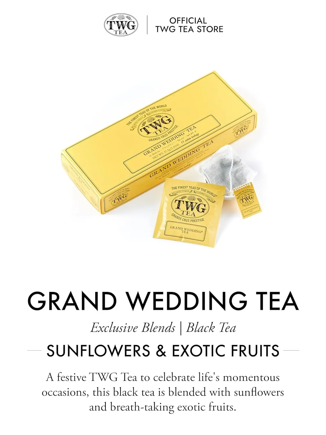 TWG Tea | Grand Wedding Tea | Black Tea | Sunflowers and Exotic Fruits | 15 Hand Sewn Cotton Tea Bags | Gift Set
