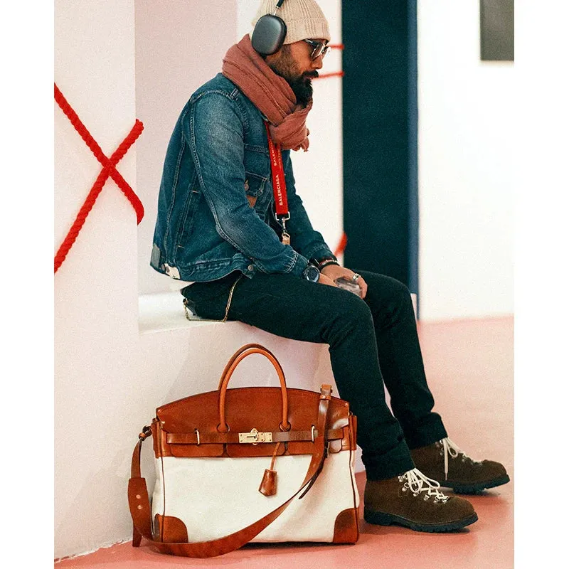 Two-Tone Canvas and Leather Handbag