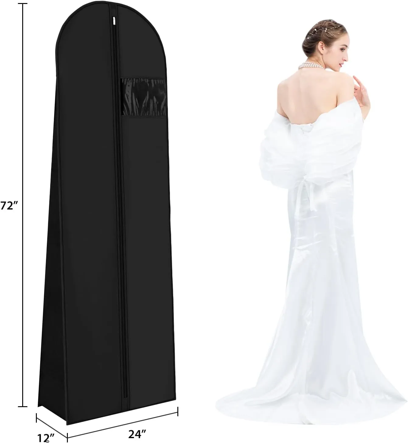 Univivi 72" Wedding Dress Garment Bag, Long Wedding Dress Cover for Closet Storage & Hanging Clothes with Clear Window and 12'' Gusset for Puffy Bridal Gowns, Black