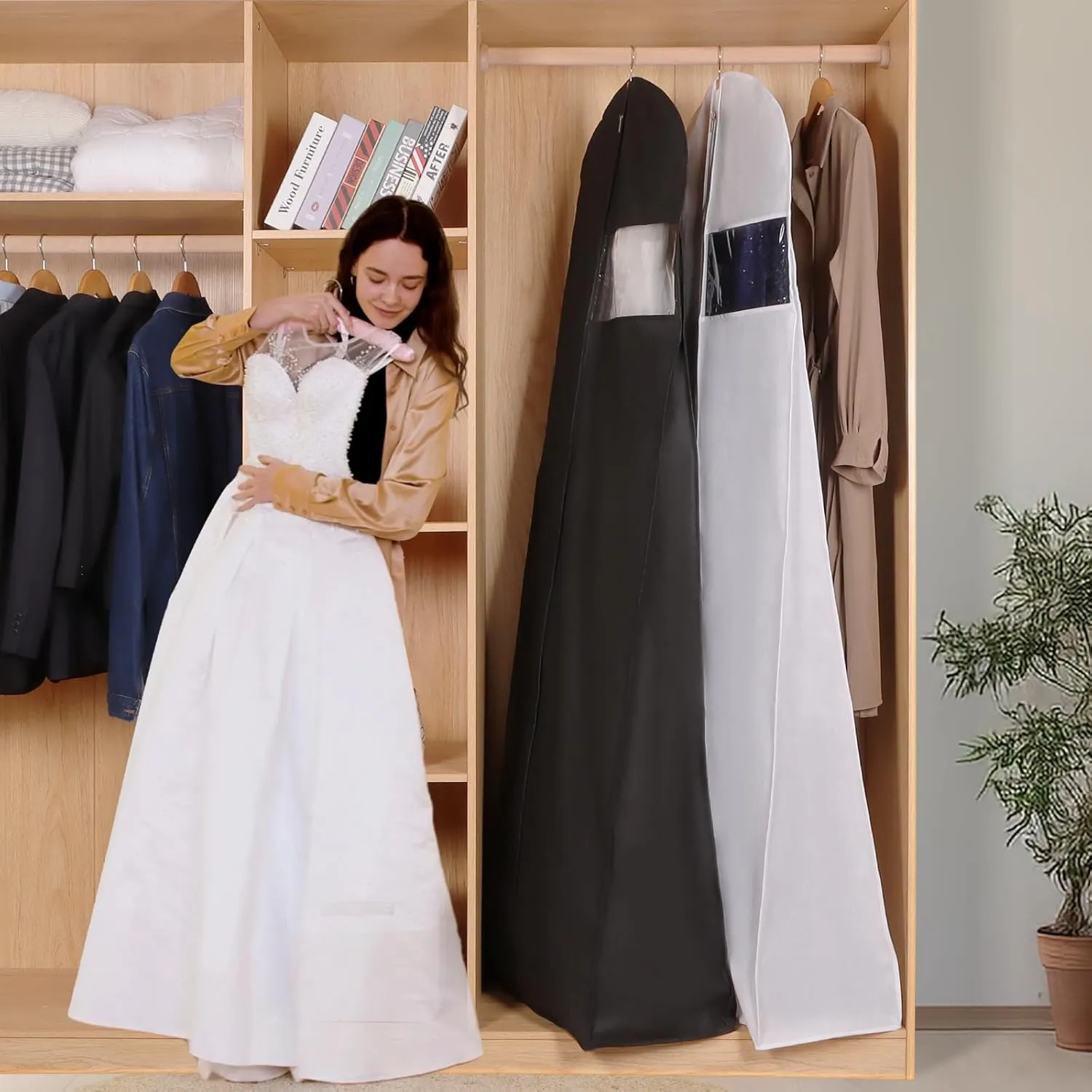 Univivi 72" Wedding Dress Garment Bag, Long Wedding Dress Cover for Closet Storage & Hanging Clothes with Clear Window and 12'' Gusset for Puffy Bridal Gowns, Black