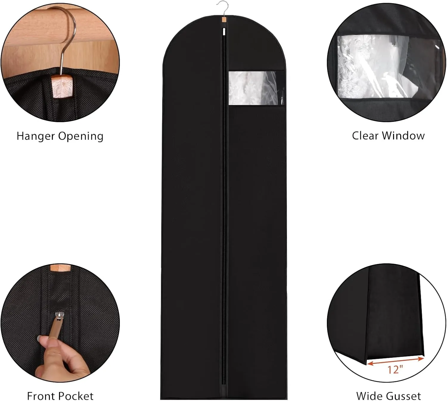 Univivi 72" Wedding Dress Garment Bag, Long Wedding Dress Cover for Closet Storage & Hanging Clothes with Clear Window and 12'' Gusset for Puffy Bridal Gowns, Black