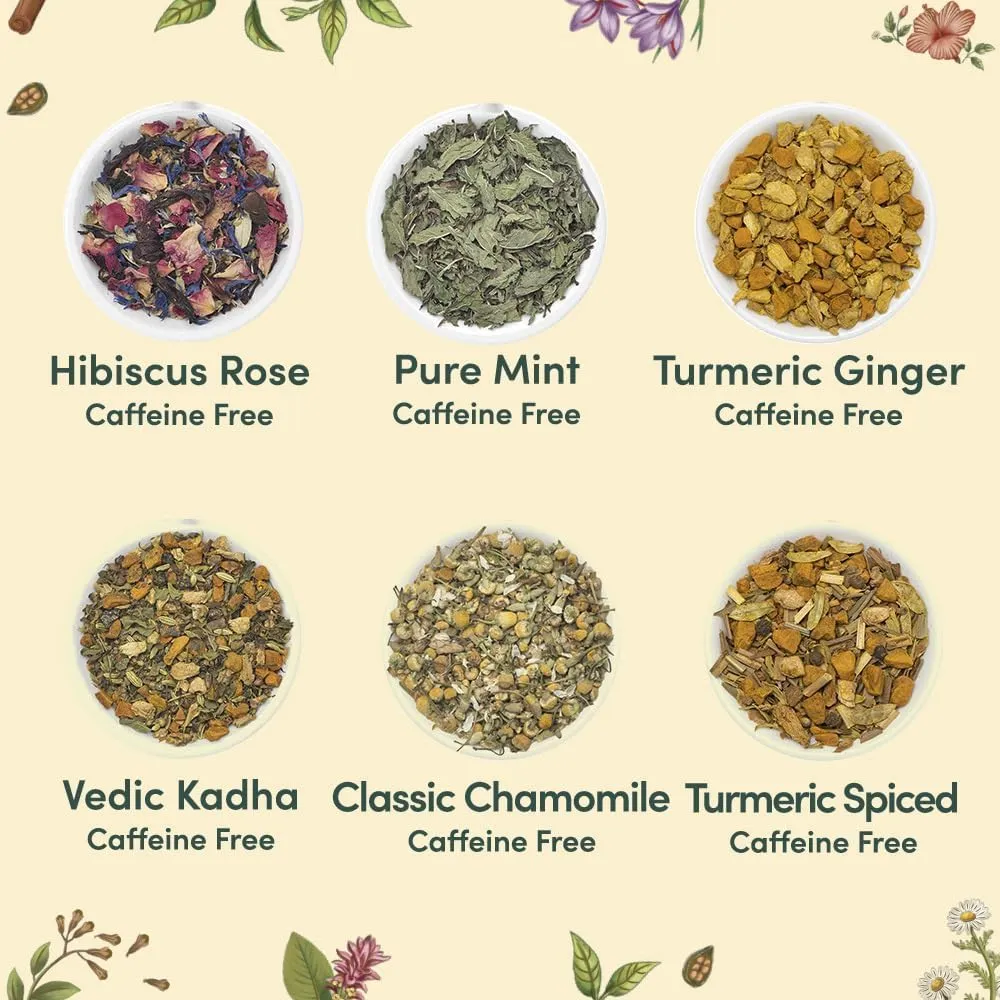 VAHDAM, Assorted Herbal Tea Variety Pack (6 Variants, 36 Tea Bags) Caffeine Free, Gluten Free, Non GMO | Eco Friendly Long Leaf Pyramid Tea Bags I Tea Gift Sets for Men and Women