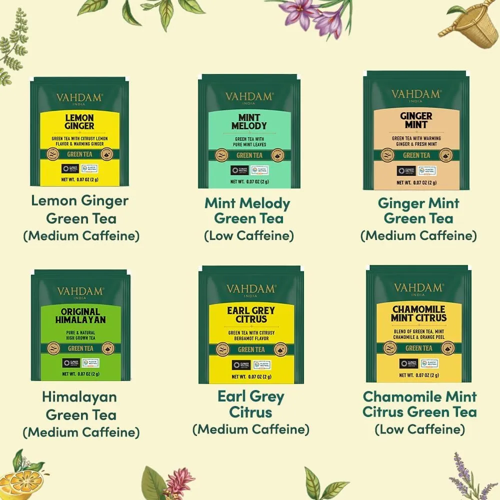 VAHDAM, Green Tea Variety Pack Sampler Assortment (36 Pyramid Tea Bags, 6 Flavor) | Non-GMO Project Verified Himalayan Green Tea with No Artificial Ingredients | Fathers Day Tea Gifts from Daughter & Son