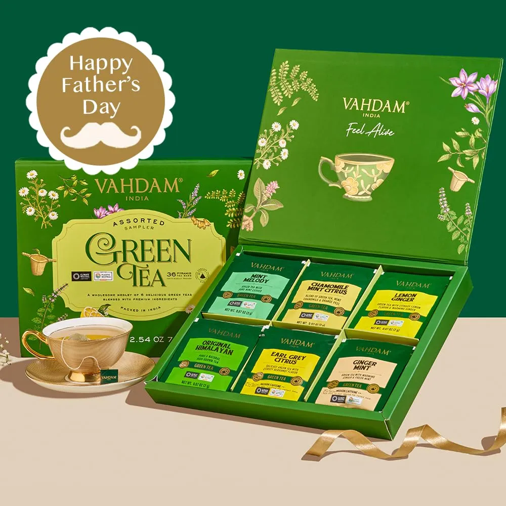 VAHDAM, Green Tea Variety Pack Sampler Assortment (36 Pyramid Tea Bags, 6 Flavor) | Non-GMO Project Verified Himalayan Green Tea with No Artificial Ingredients | Fathers Day Tea Gifts from Daughter & Son