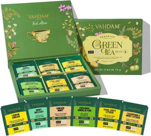 VAHDAM, Green Tea Variety Pack Sampler Assortment (36 Pyramid Tea Bags, 6 Flavor) | Non-GMO Project Verified Himalayan Green Tea with No Artificial Ingredients | Fathers Day Tea Gifts from Daughter & Son
