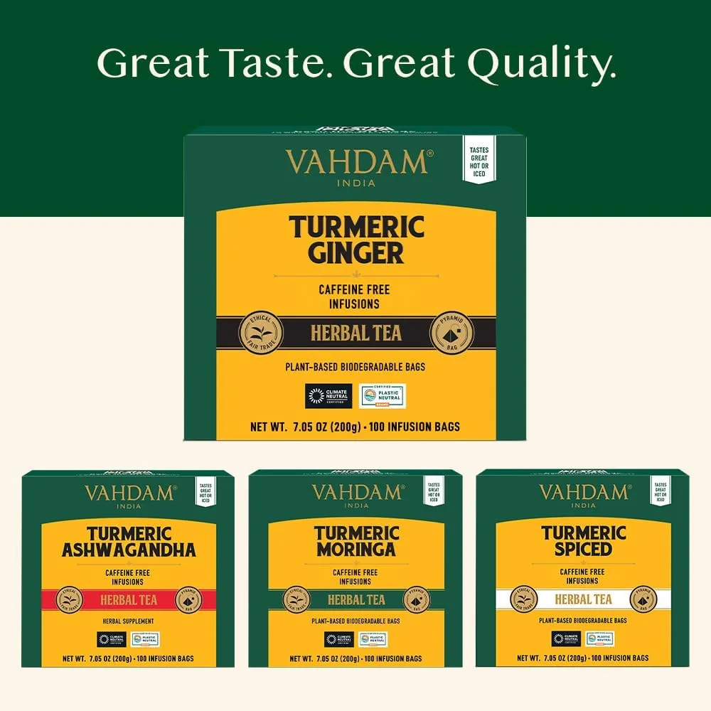 VAHDAM, Organic Turmeric Ginger Herbal Tea Bags (100 Pyramid Tea Bags) Caffeine Free, Non GMO | 100% Pure Herbal Blend - Savory & Spicy, Plant-Based Teabags | Resealable Ziplock Pouch