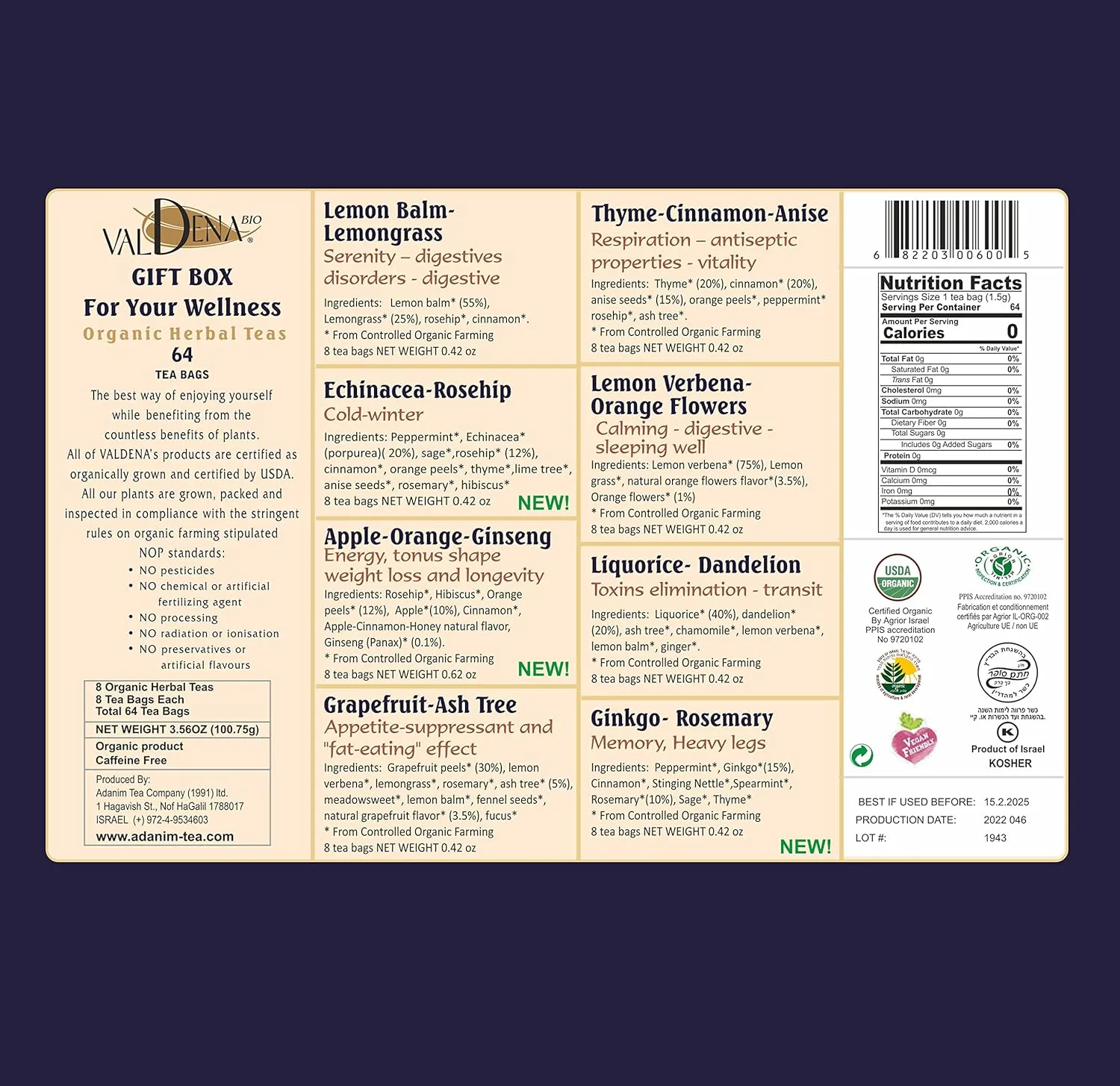Valdena Bio Organic Herbal Tea Variety Pack, Tea Sampler Gift Set Box, 8 Flavors Assorted Tea, Total of 64 Tea Bags, Caffeine Free Tea Set with Variety of Health Benefits
