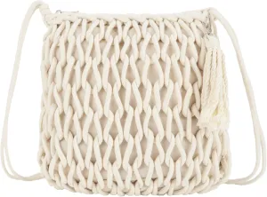 Van Caro Handwoven Cotton Straw Shoulder Bag Crochet Tassel Beach Bohemian Purse for Women