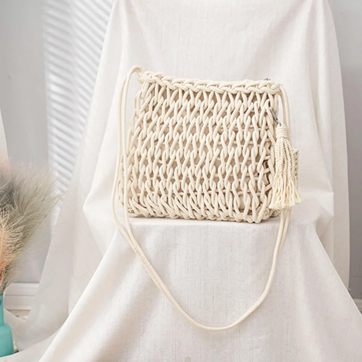 Van Caro Handwoven Cotton Straw Shoulder Bag Crochet Tassel Beach Bohemian Purse for Women