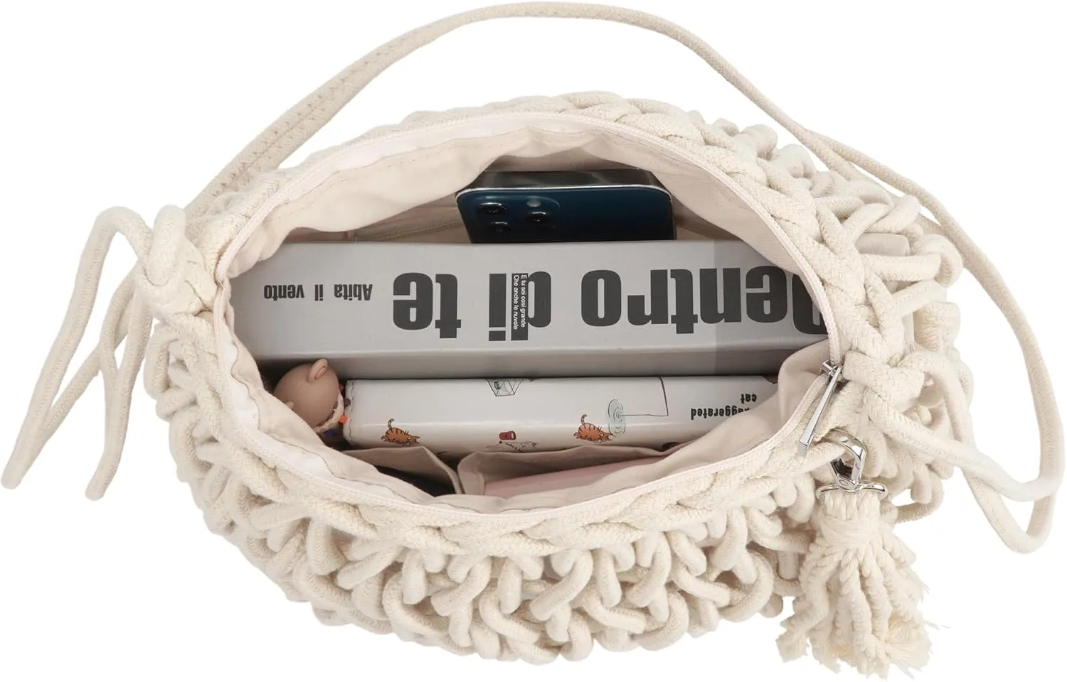 Van Caro Handwoven Cotton Straw Shoulder Bag Crochet Tassel Beach Bohemian Purse for Women