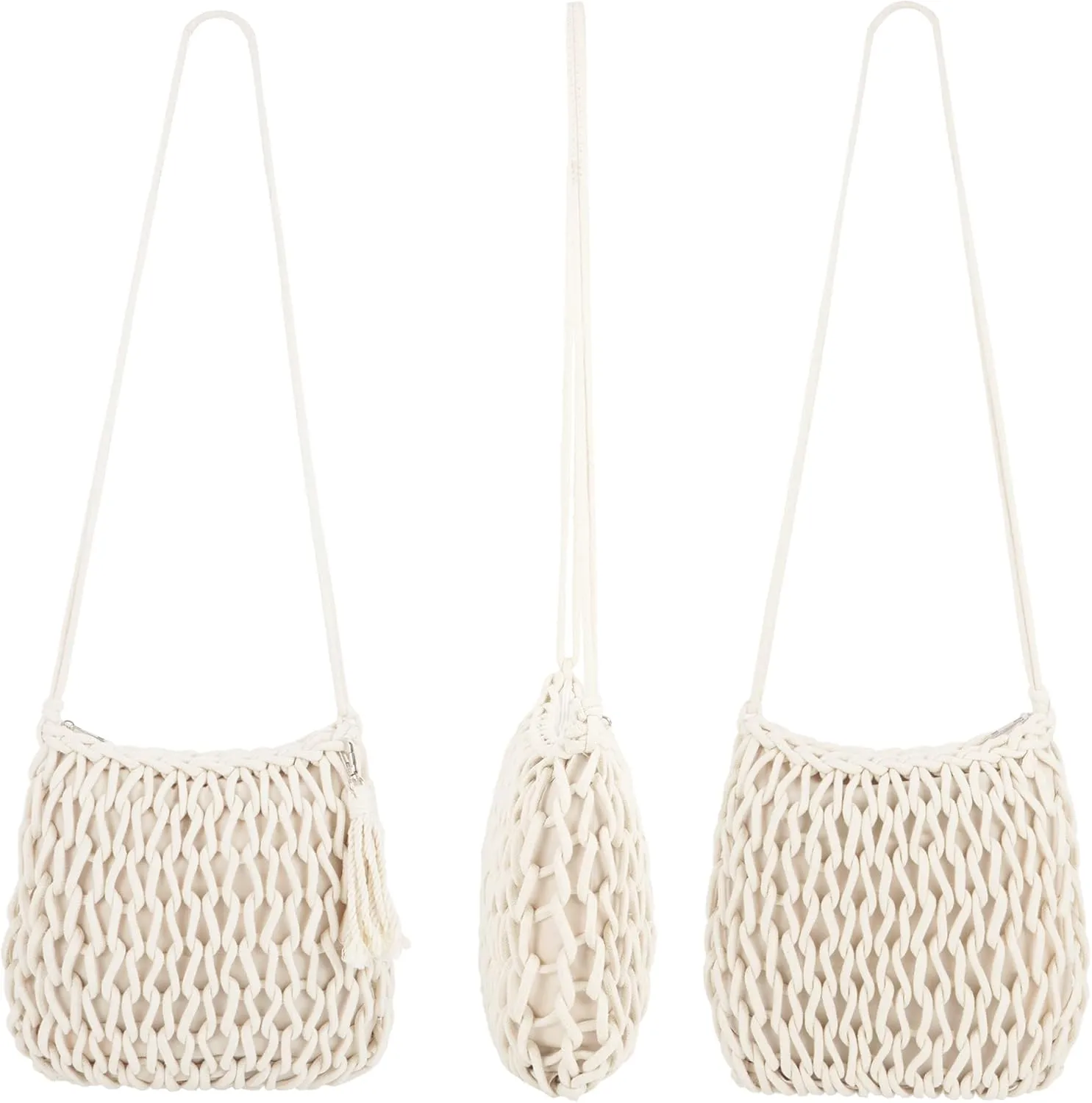 Van Caro Handwoven Cotton Straw Shoulder Bag Crochet Tassel Beach Bohemian Purse for Women