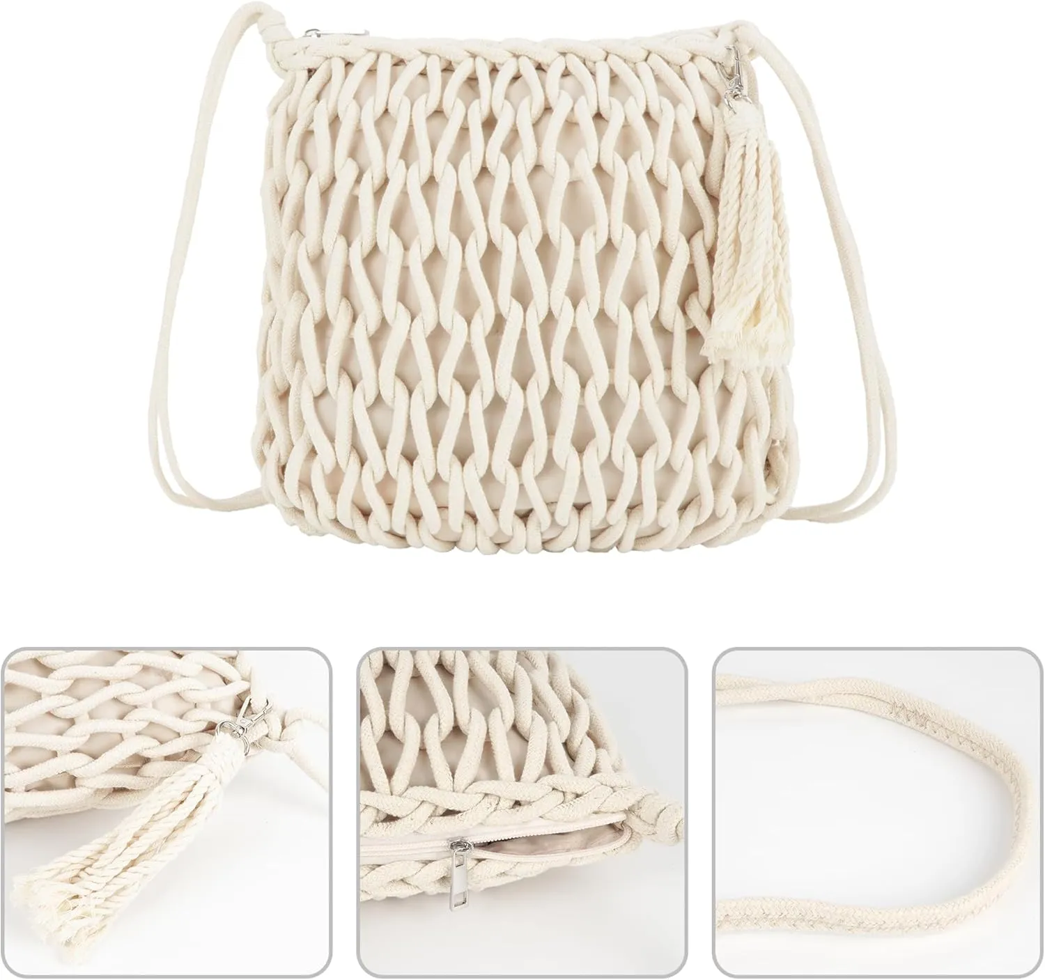 Van Caro Handwoven Cotton Straw Shoulder Bag Crochet Tassel Beach Bohemian Purse for Women