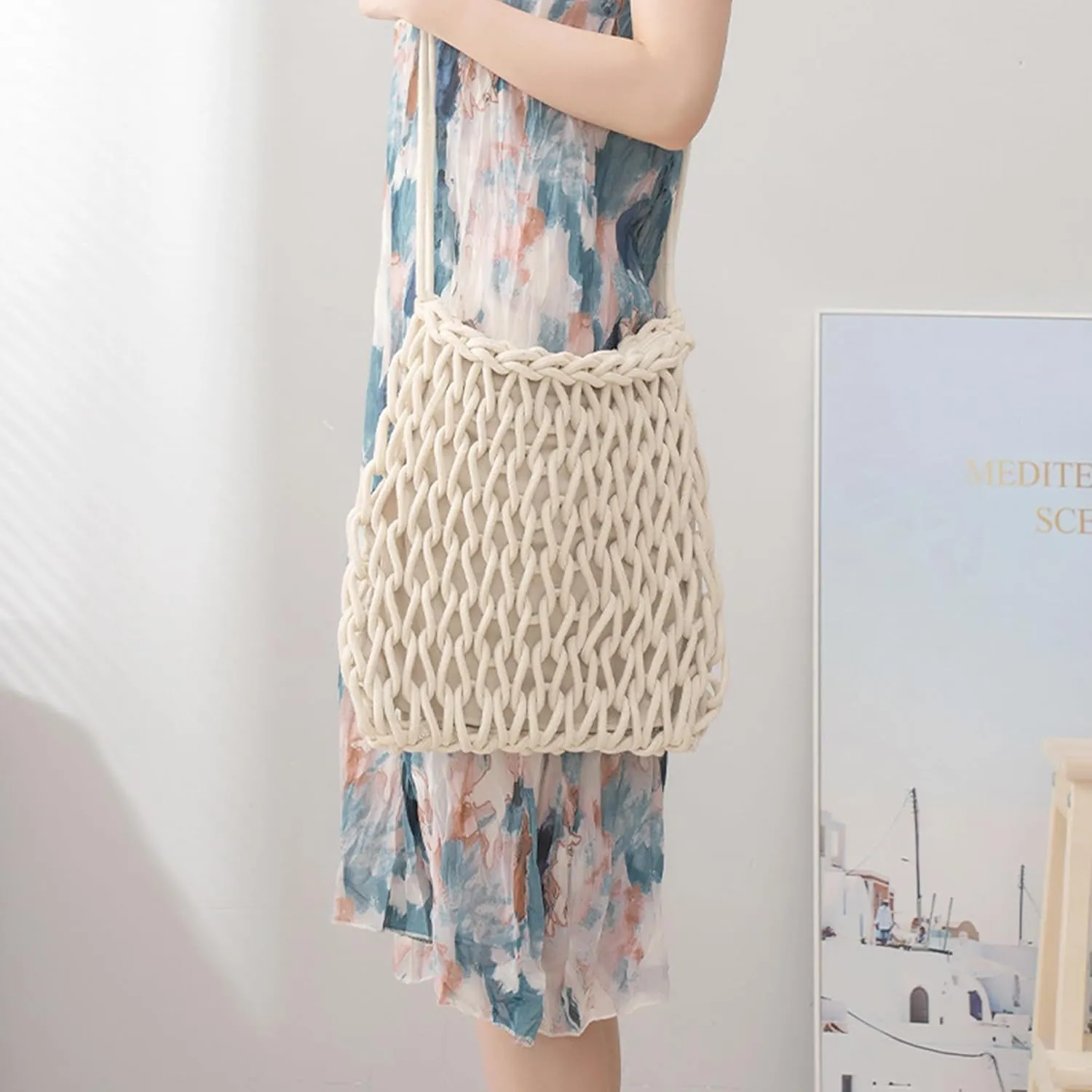 Van Caro Handwoven Cotton Straw Shoulder Bag Crochet Tassel Beach Bohemian Purse for Women