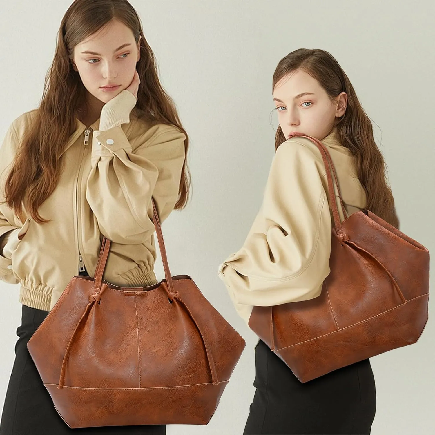Vegan Leather Large Tote Bags for Women Soft Everyday Shoulder Purses for Work Travel Handbags,with A Makeup Bag